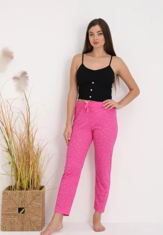 Pantaloni lungi de pijama damă imprimeu buline roz