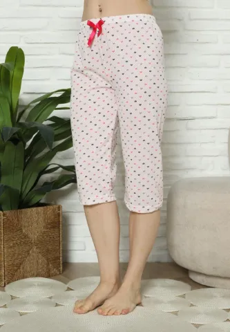 Pantaloni Pijama Damă Treisferturi, roz, imprimeu inimi
