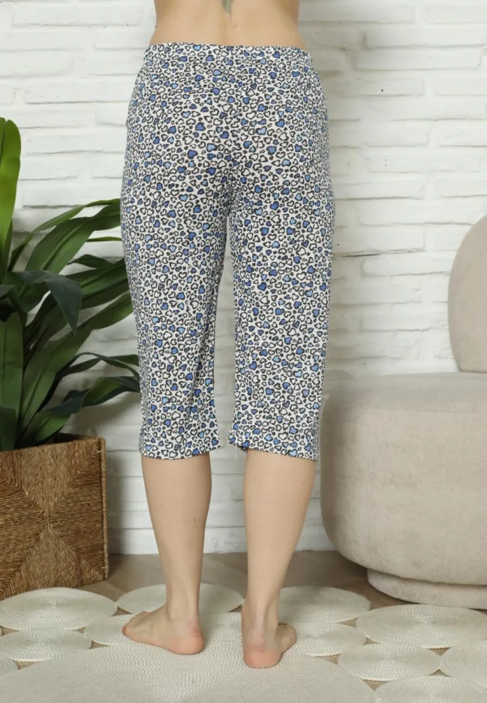 Pantaloni Pijama Damă Treisferturi, albastru, imprimeu inimi - 4