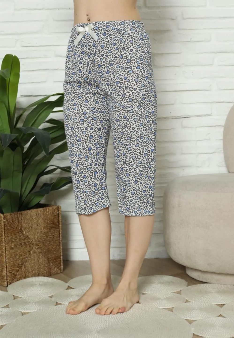 Pantaloni Pijama Damă Treisferturi, albastru, imprimeu inimi - 5