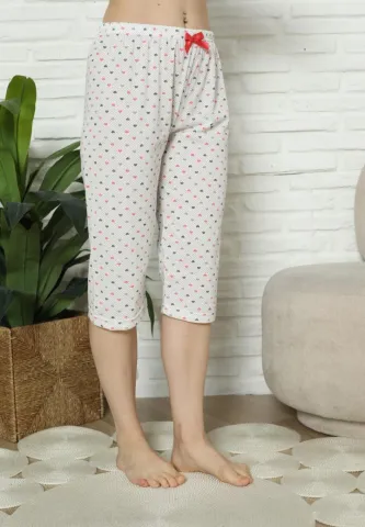 Pantaloni Pijama Damă Treisferturi, alb, imprimeu inimi