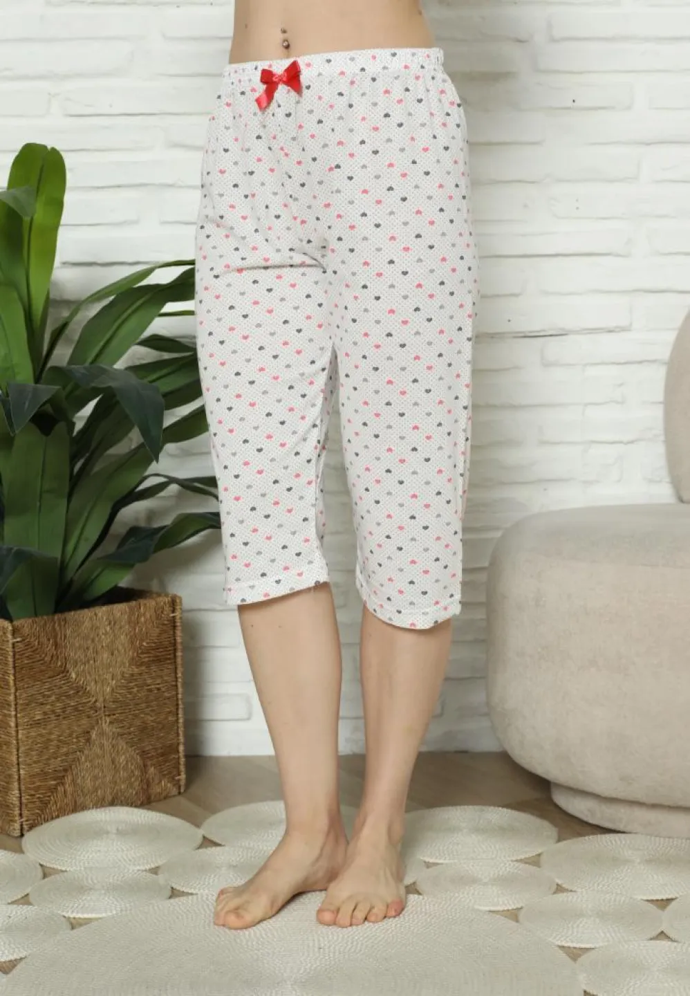 Pantaloni Pijama Damă Treisferturi, alb, imprimeu inimi - 2