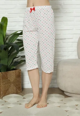 Pantaloni Pijama Damă Treisferturi, alb, imprimeu inimi hover