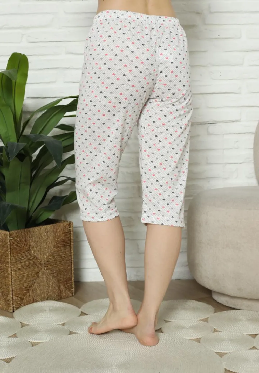Pantaloni Pijama Damă Treisferturi, alb, imprimeu inimi - 3