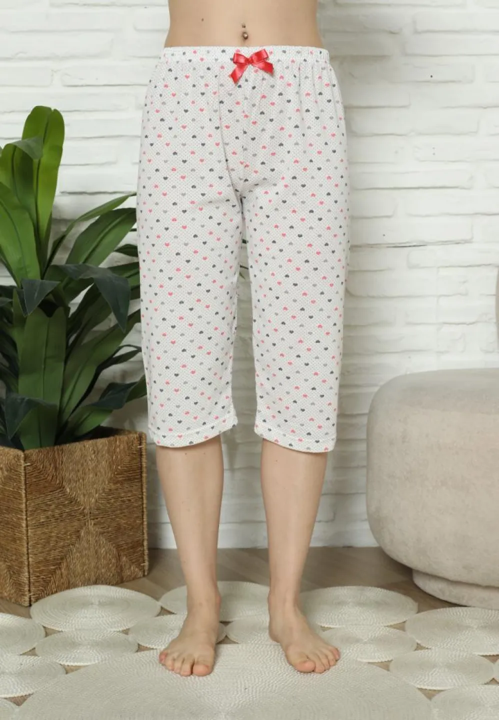 Pantaloni Pijama Damă Treisferturi, alb, imprimeu inimi - 4