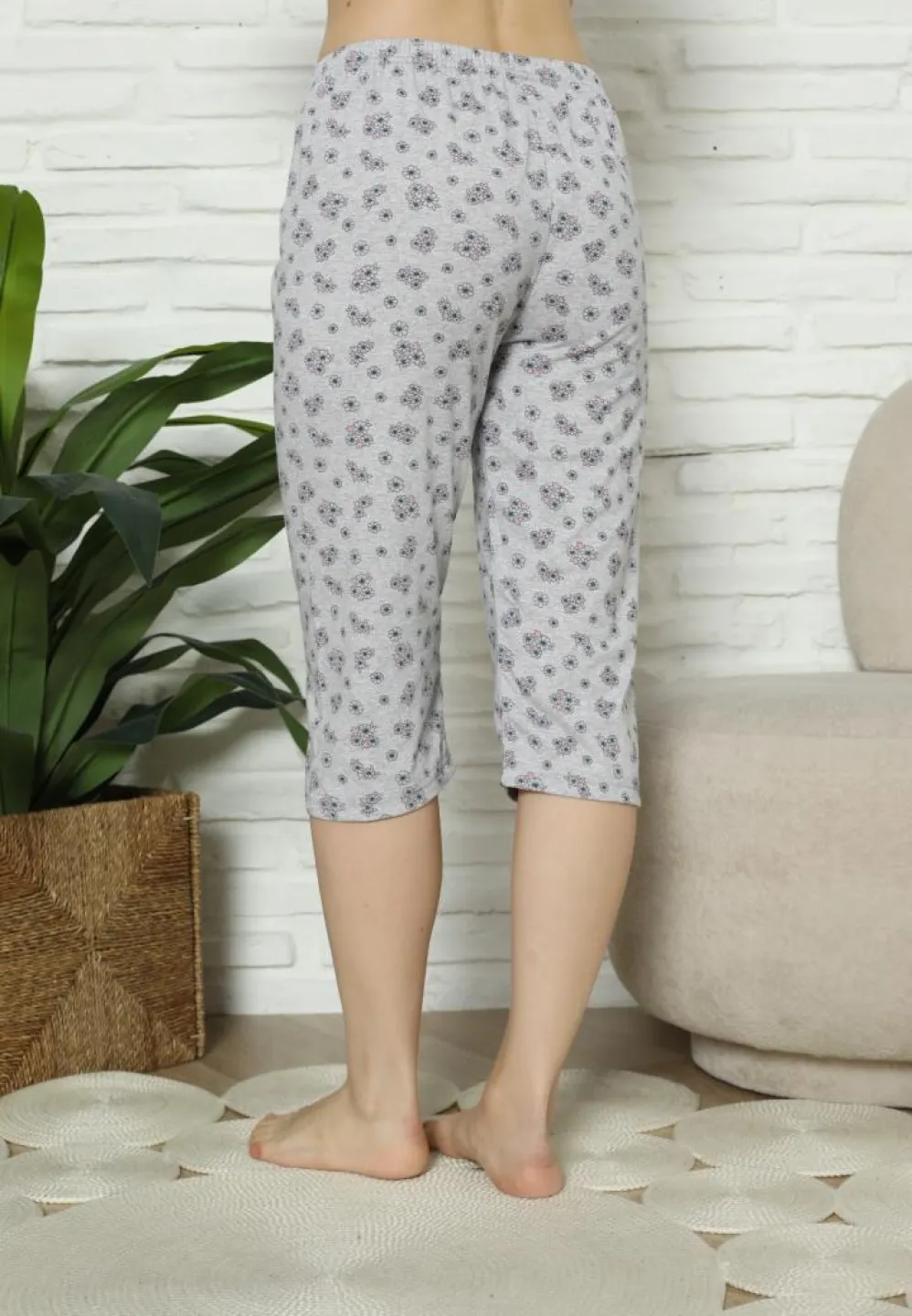 Pantaloni Pijama Damă Treisferturi, gri, imprimeu flori - 2
