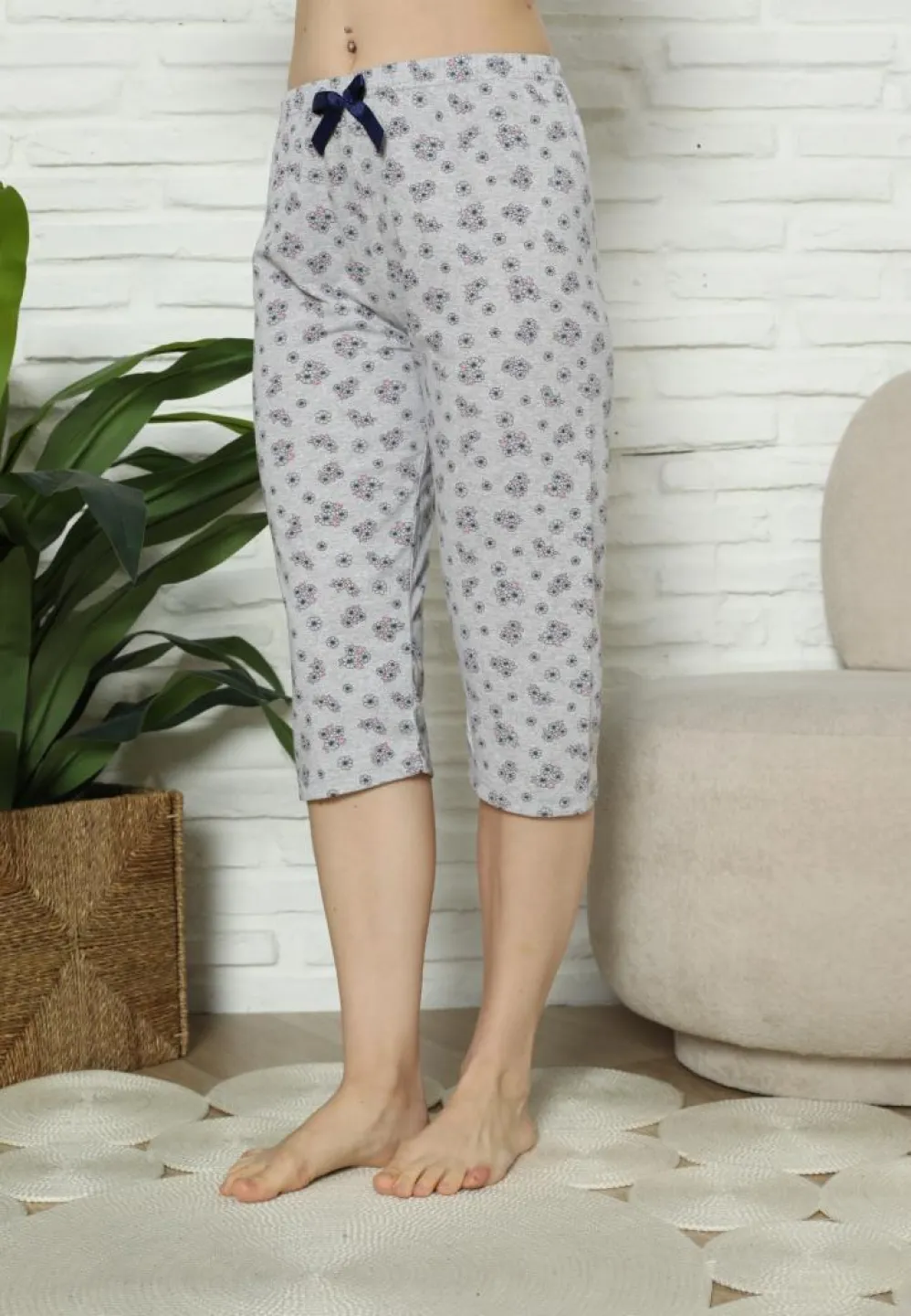 Pantaloni Pijama Damă Treisferturi, gri, imprimeu flori - 3