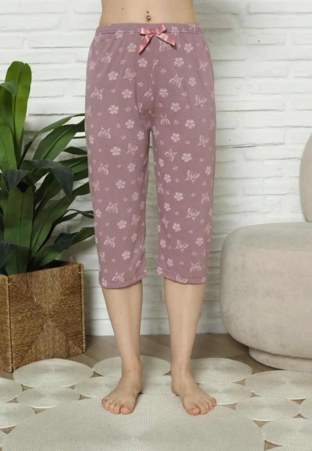 Pantaloni Pijama Damă Treisferturi, mov, imprimeu flori - 1