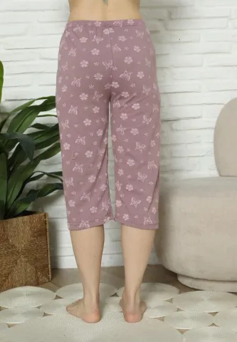 Pantaloni Pijama Damă Treisferturi, mov, imprimeu flori hover