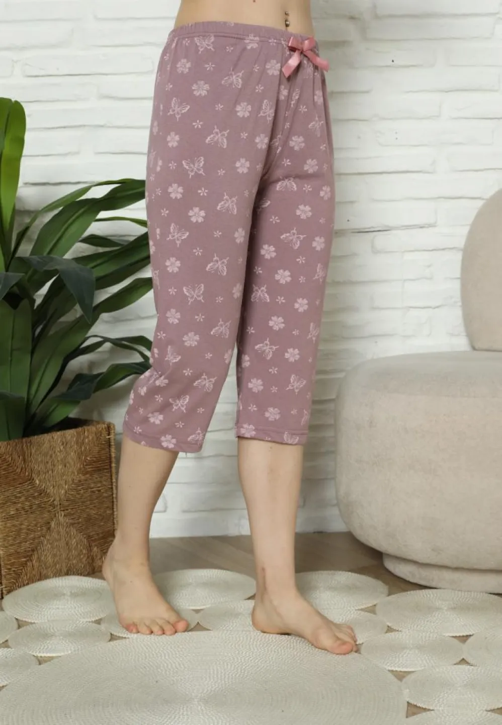 Pantaloni Pijama Damă Treisferturi, mov, imprimeu flori - 3