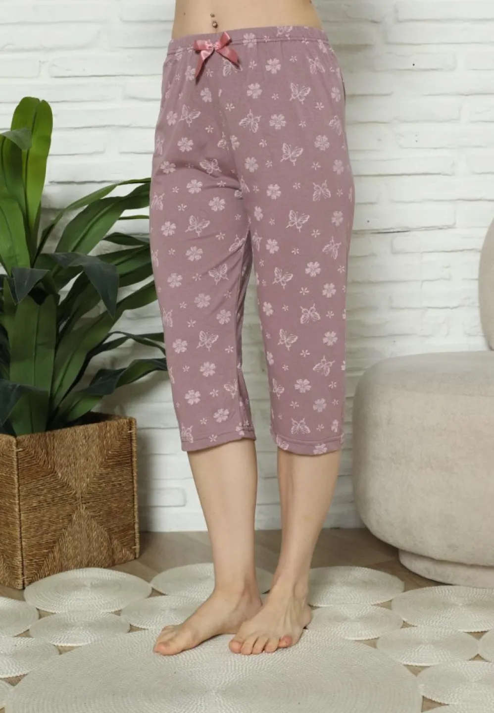 Pantaloni Pijama Damă Treisferturi, mov, imprimeu flori - 4