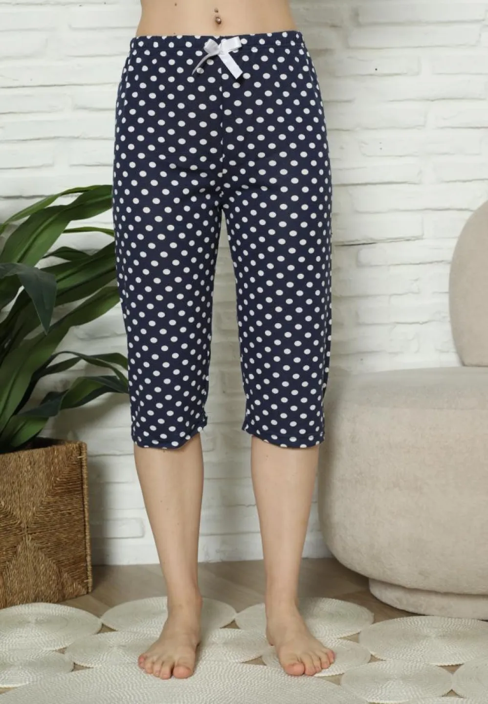 Pantaloni Pijama Damă Treisferturi, bleumarin, imprimeu buline - 4