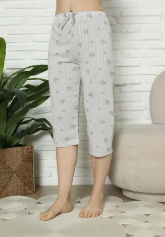 Pantaloni Pijama Damă Treisferturi, gri, imprimeu fundițe