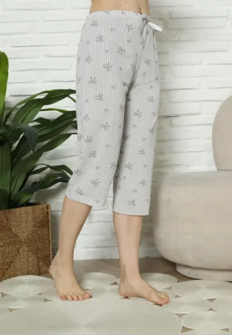 Pantaloni Pijama Damă Treisferturi, gri, imprimeu fundițe hover