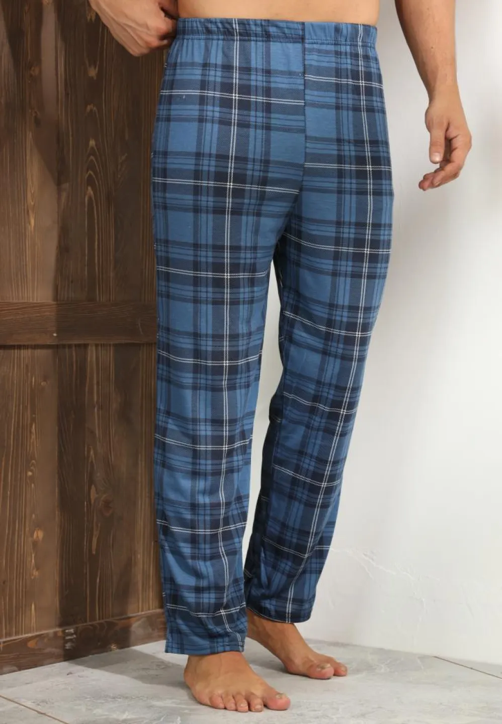Pantalon pijama croială lejeră bărbați – carouri albastru închis - 4