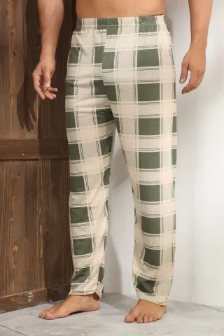 Pantaloni de pijama bărbați – bej cu model pătrățele verzi, confort sporit