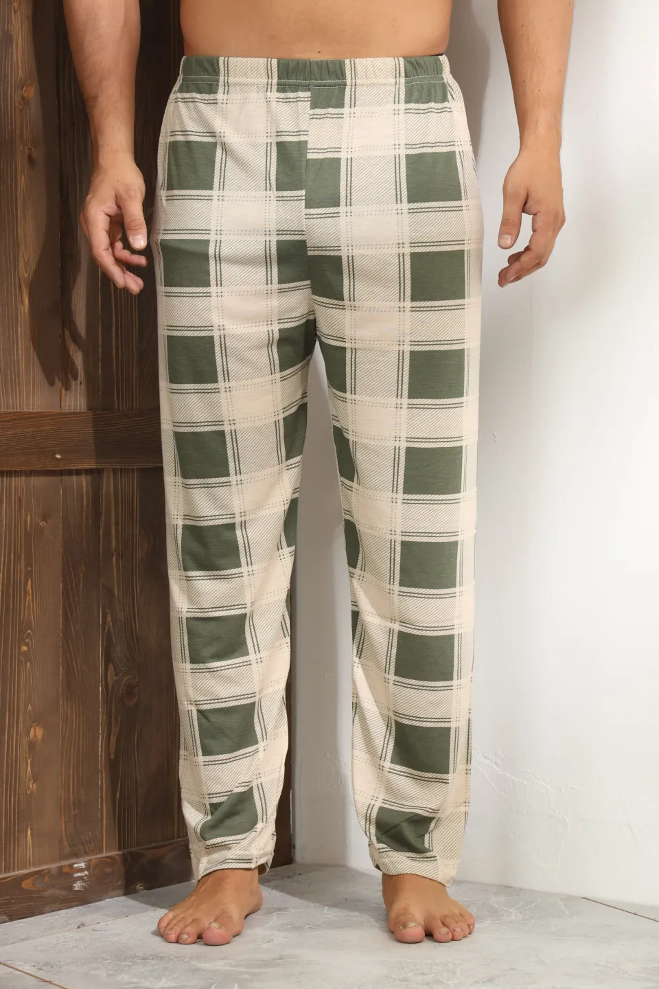Pantaloni de pijama bărbați – bej cu pătrățele verzi, relaxare și confort sporit-M - 4