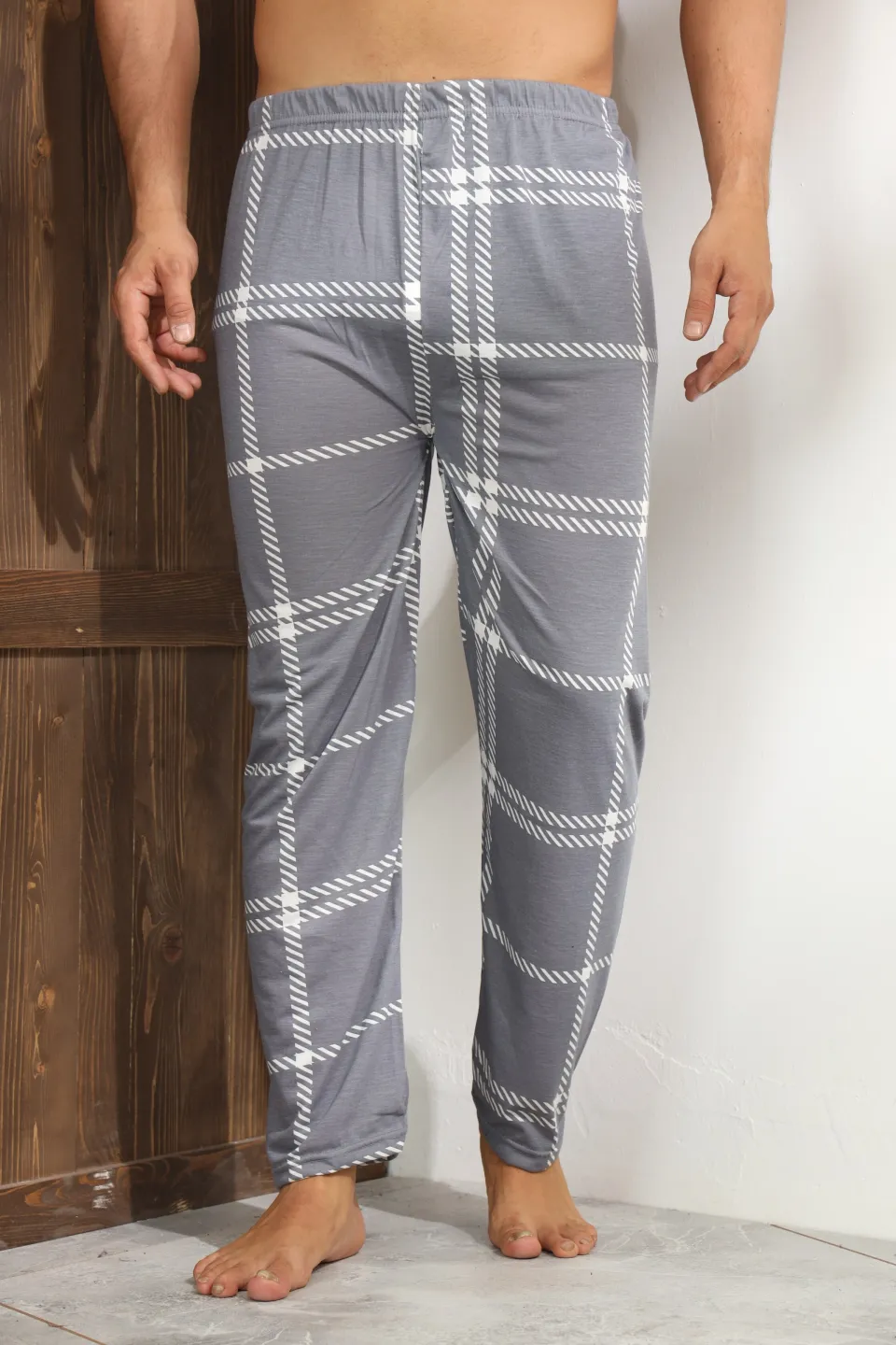 Pantalon pijama bărbați – gri închis cu carouri elegante,M - 4