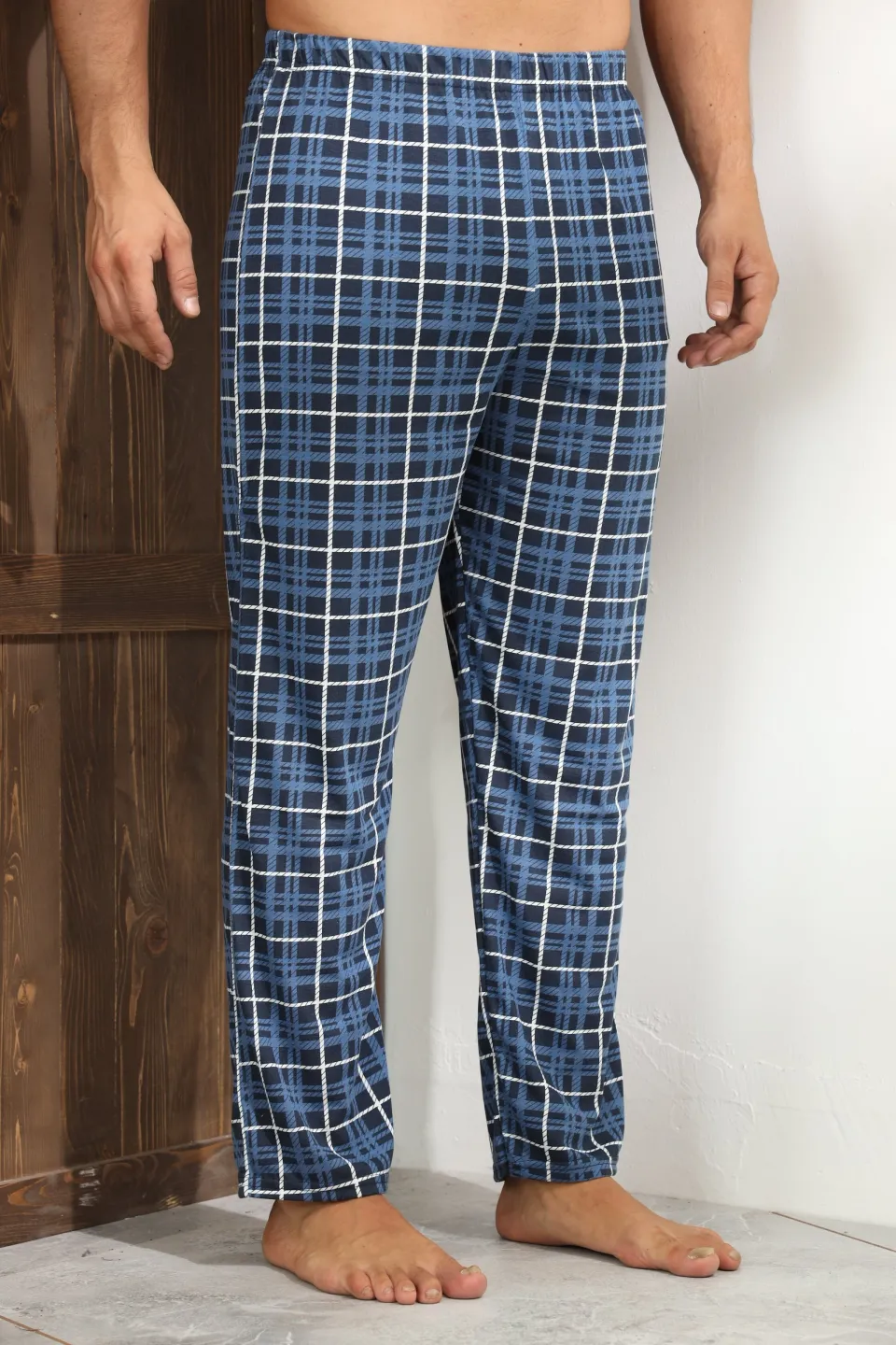 Pantalon pijama bărbați – bleumarin cu model carouri elegante,M - 3