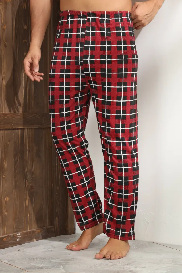 Pantalon pijama bărbați – carouri alb-negru pe fond roșu elegant,M