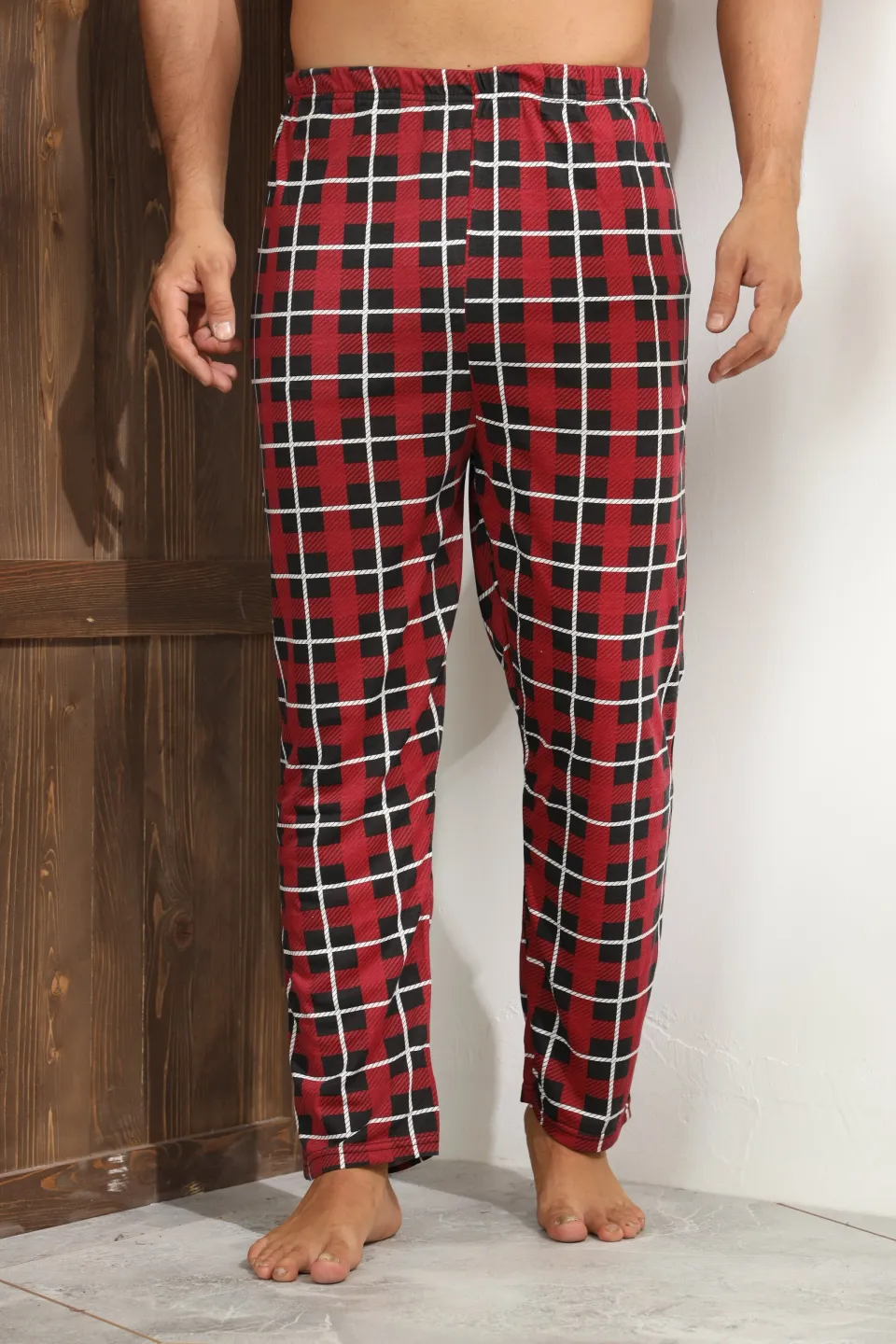 Pantalon pijama bărbați – carouri alb-negru pe fond roșu elegant,M - 4