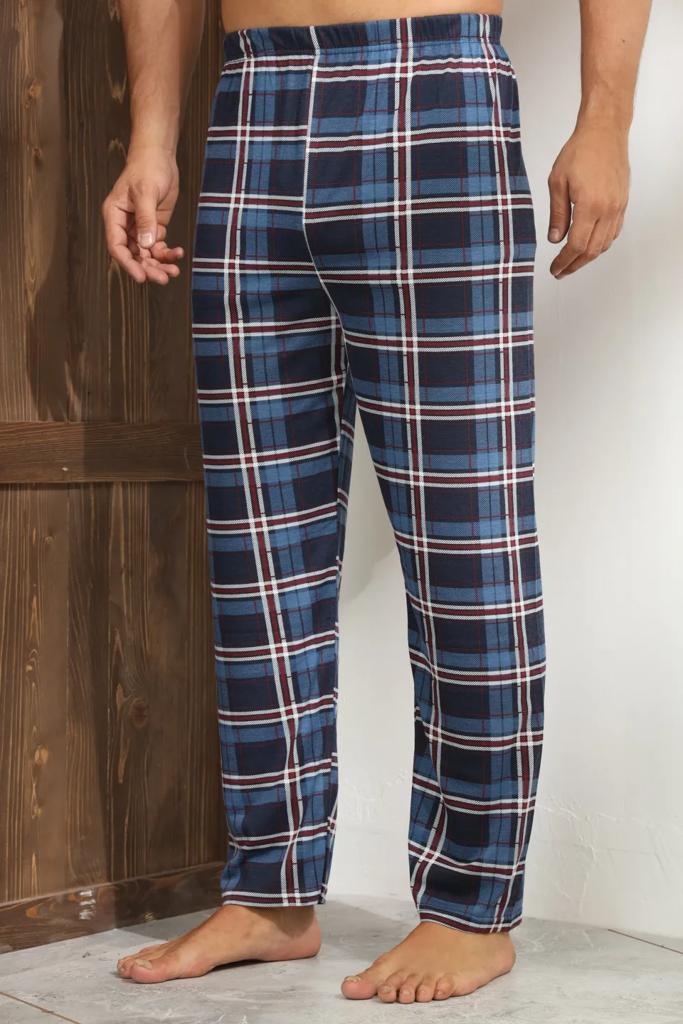 Pantalon pijama bărbați – design clasic albastru cu carouri elegante,M - 4