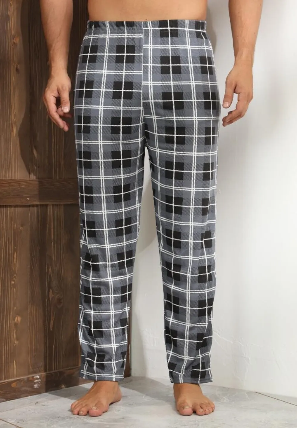 Pantalon pijama bărbați – confort și relaxare, design gri cu carouri,M - 4