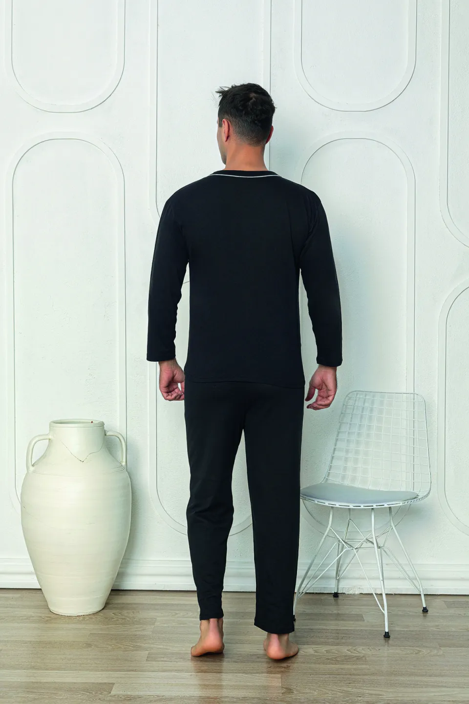 Pijama bărbat negru – pantaloni lungi, mânecă lungă, nasturi,M - 2