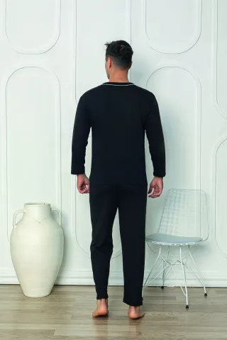 Pijama bărbat cu nasturi, mânecă lungă, pantaloni lungi, Negru hover