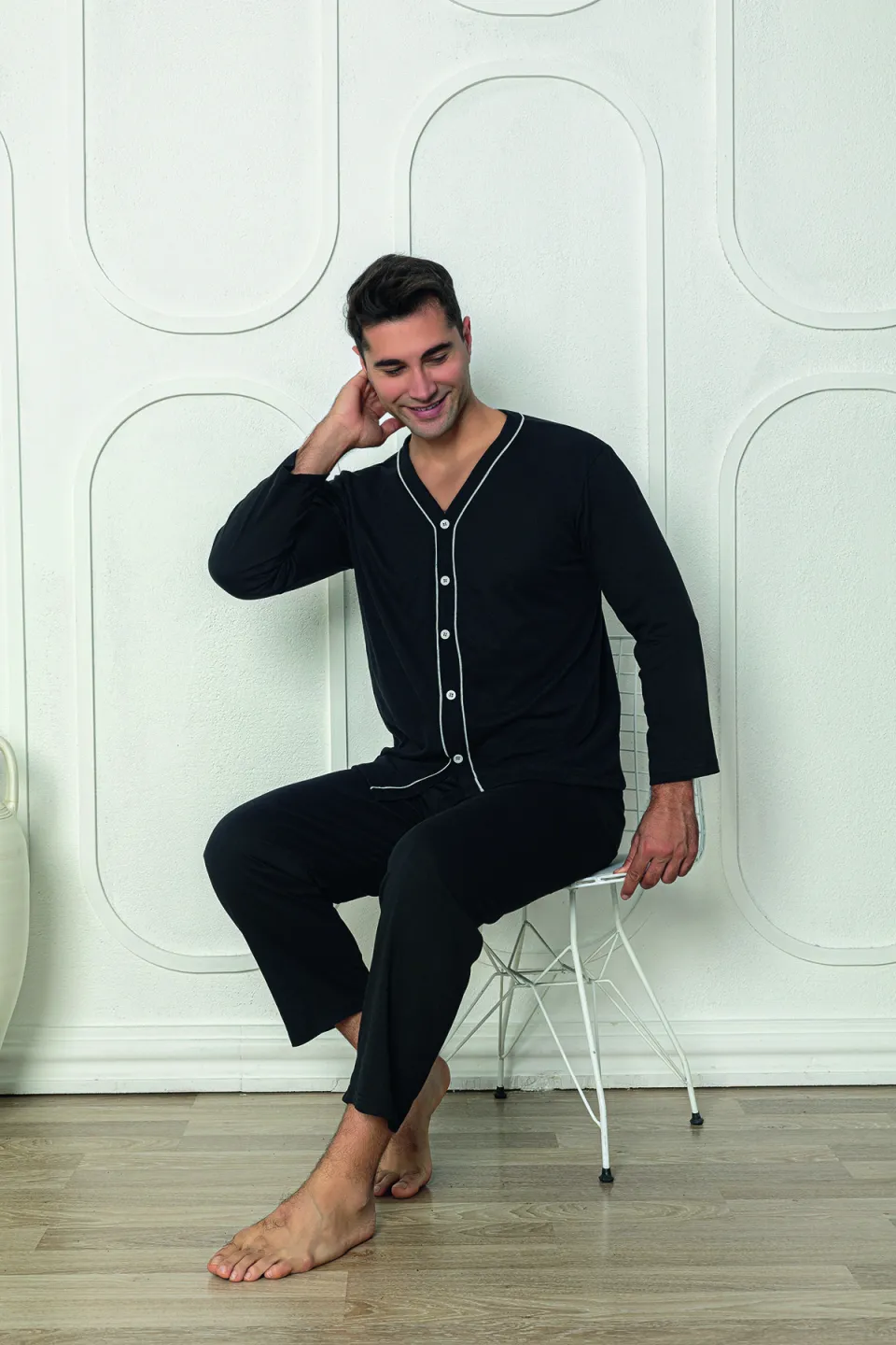 Pijama bărbat negru – pantaloni lungi, mânecă lungă, nasturi,M - 3