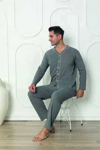 Pijama bărbat gri – pantaloni lungi, mânecă lungă, nasturi,M