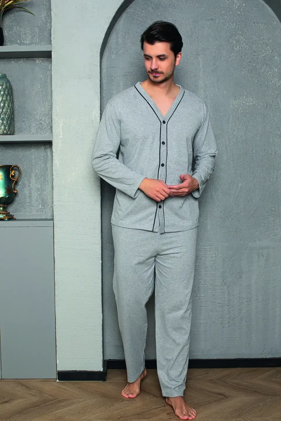 Pijama bărbat gri – pantaloni lungi, mânecă lungă, nasturi,M - 1