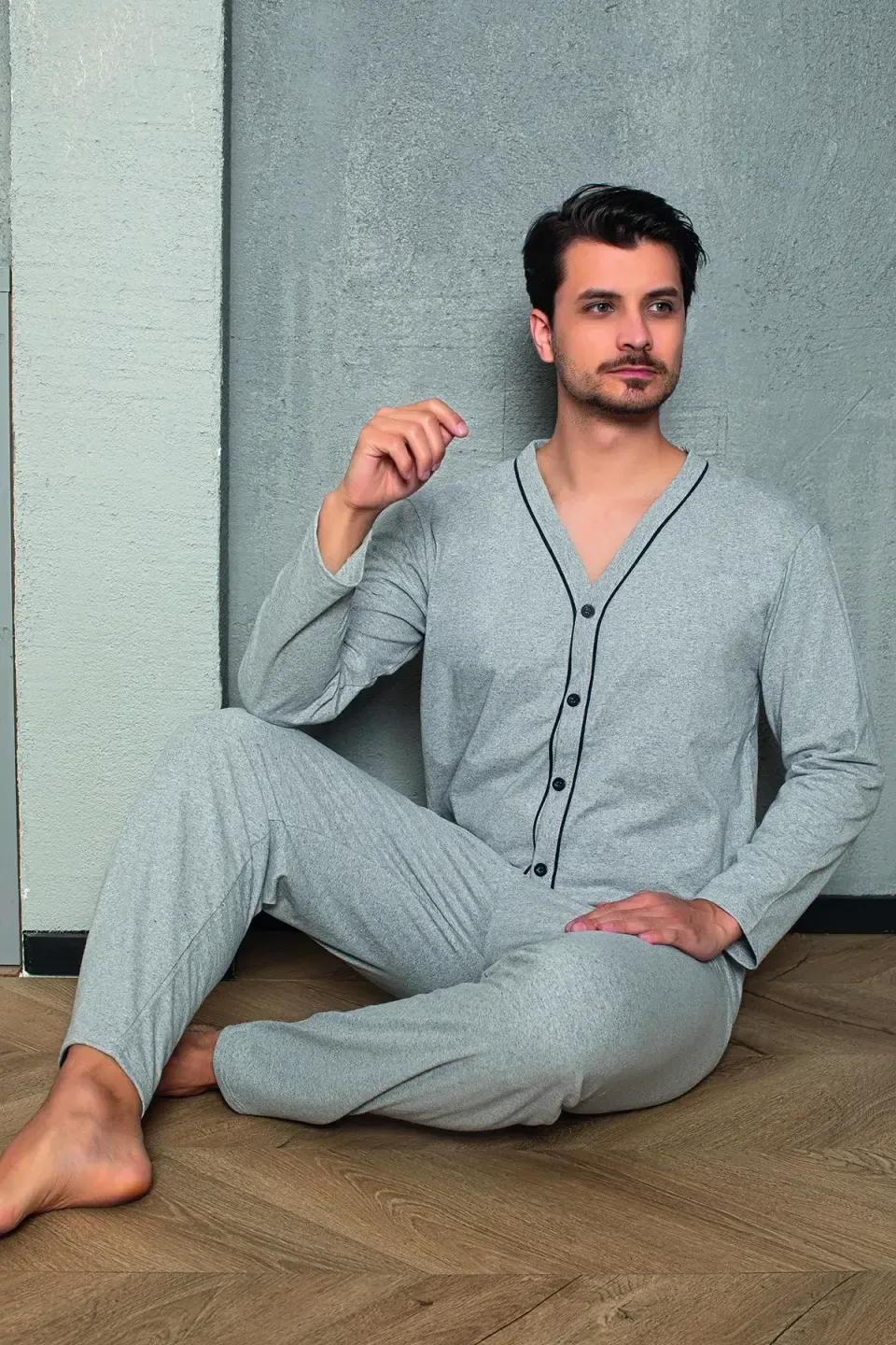 Pijama bărbat gri – pantaloni lungi, mânecă lungă, nasturi,M - 3
