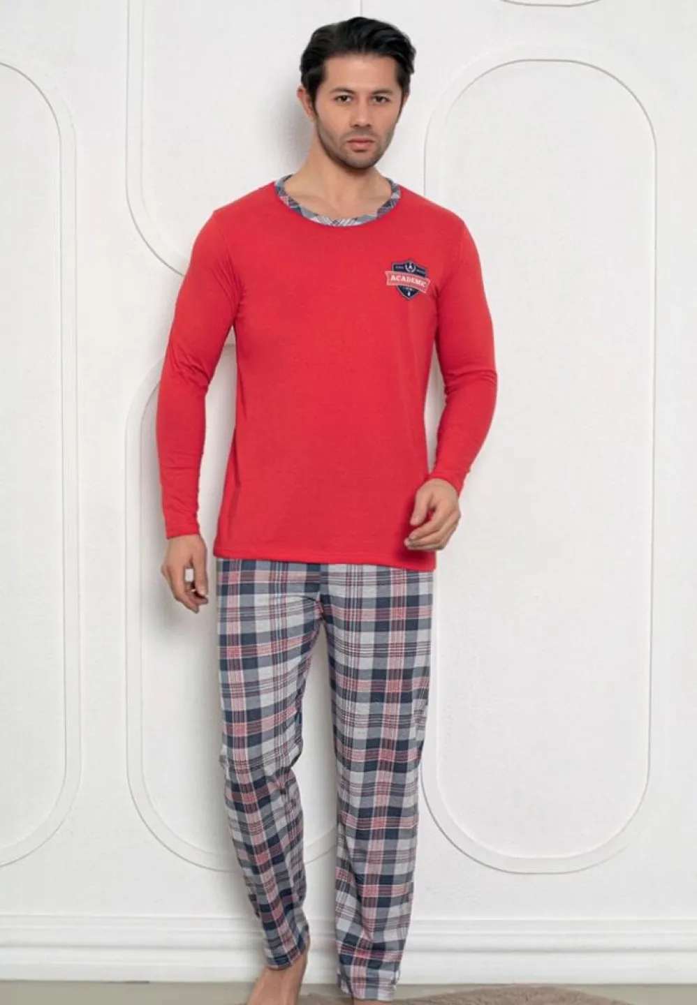 Pijama bărbați roșu – mâneci lungi, pantaloni lungi, design academic,L - 1