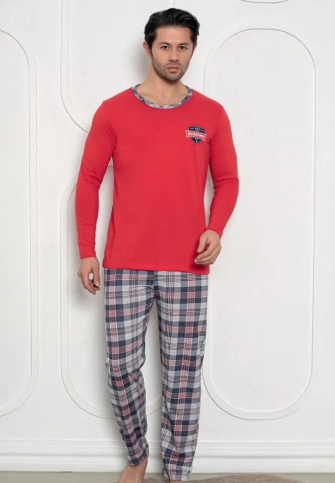Pijama bărbați roșu – mâneci lungi, pantaloni lungi, design academic,L