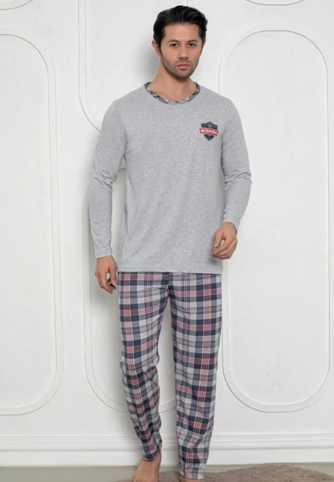 Pijama bărbați gri – mâneci lungi, pantaloni lungi, design academic