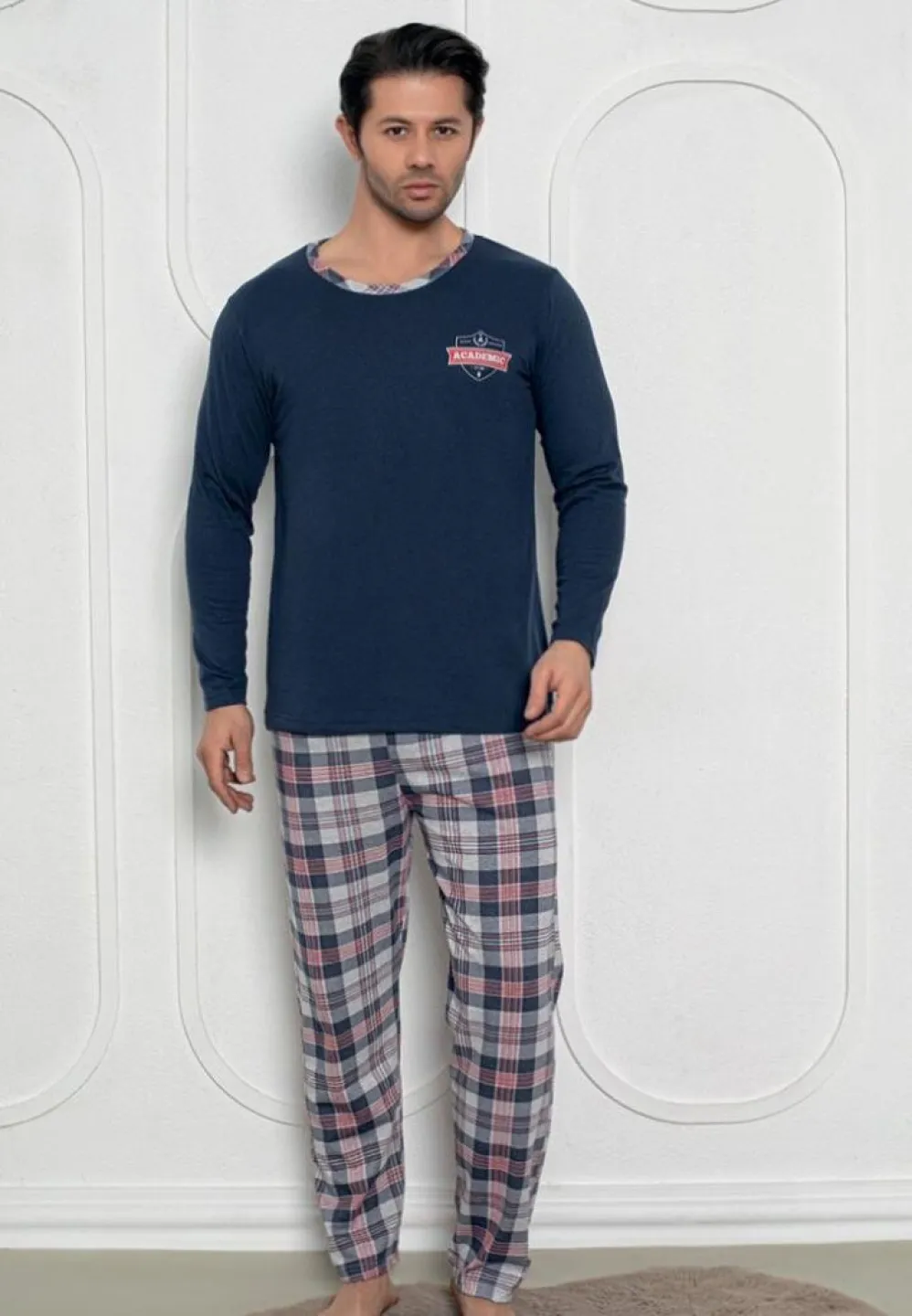 Pijama bărbați bleumarin – mâneci lungi, pantaloni lungi, design academic - 1