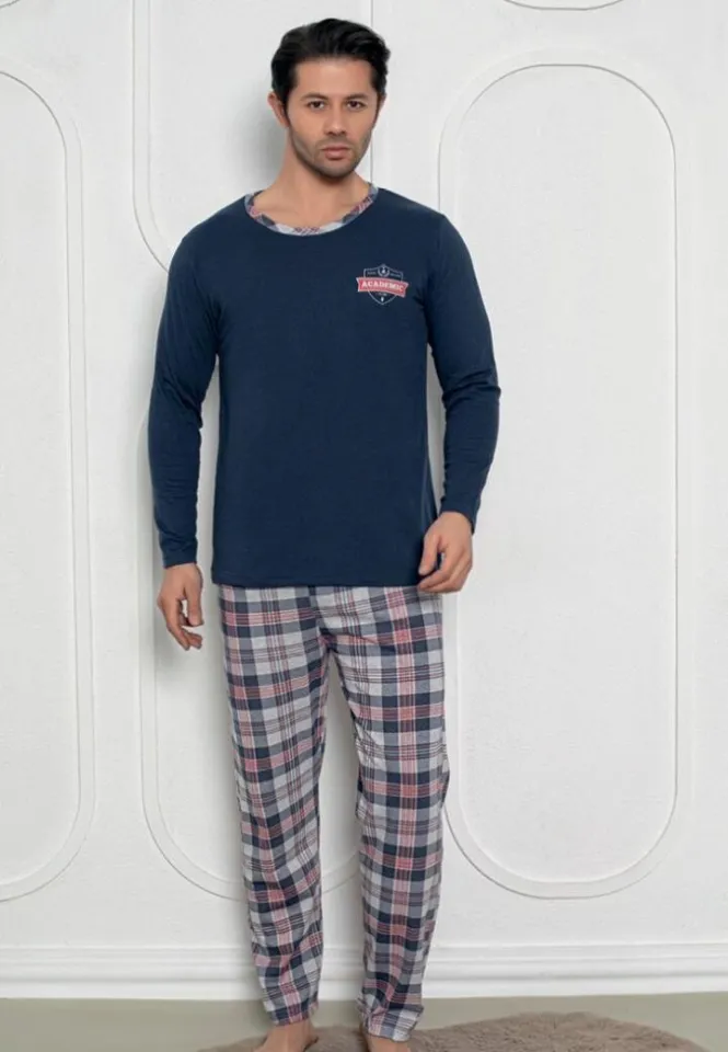Pijama bărbați bleumarin – mâneci lungi, pantaloni lungi, design academic