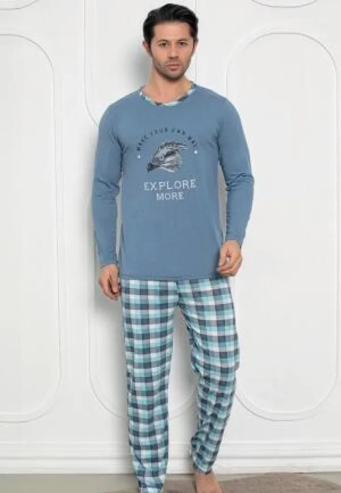 Pijama bărbați albastru – mâneci lungi, pantaloni lungi, design Explore More,Blue