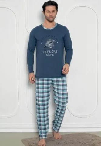 Pijama bărbați bleumarin – mâneci lungi, pantaloni lungi, design Explore More