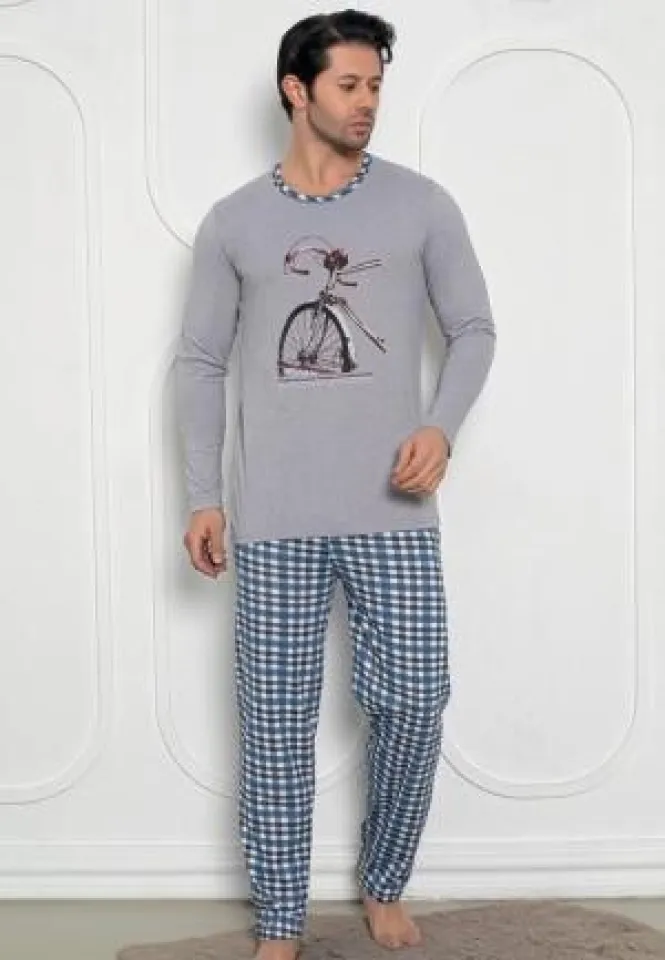 Pijama bărbați – mâneci lungi, pantaloni lungi, print bicicletă,Gri