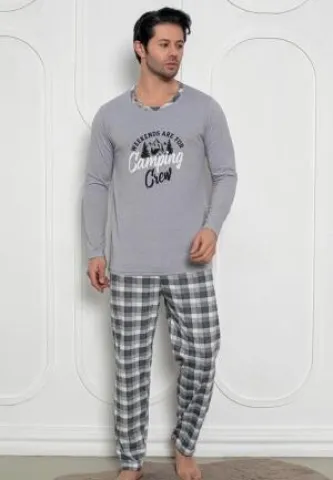 Pijama Barbati Gri cu Print Camping Crew-Maneci si Pantaloni Lungi
