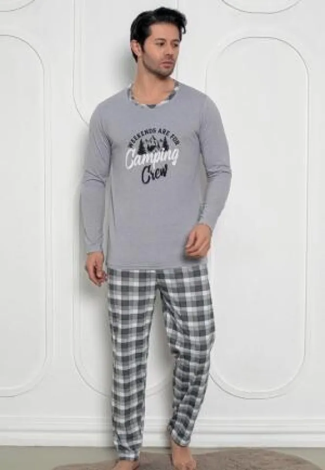 Pijama bărbați gri închis – pantaloni și mâneci lungi, print Camping Crew