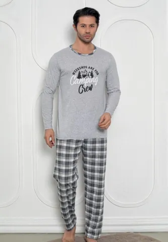 Pijama bărbați gri deschis – pantaloni lungi și mâneci lungi, print Camping Crew