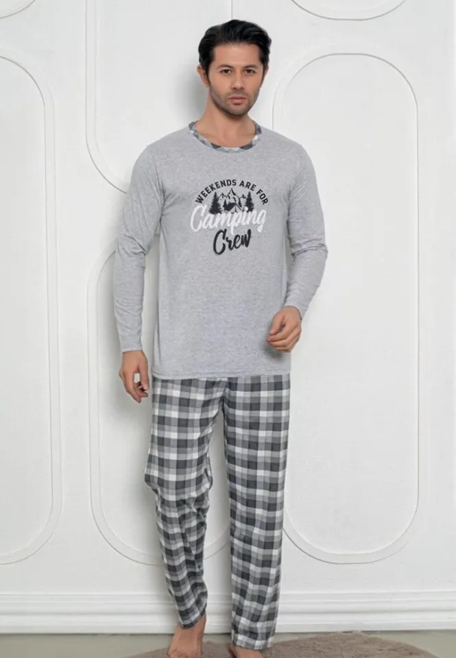 Pijama bărbați gri deschis – pantaloni lungi și mâneci lungi, print Camping Crew