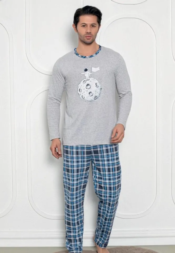 Pijama bărbați – gri, mâneci lungi și pantaloni lungi cu print Astronaut