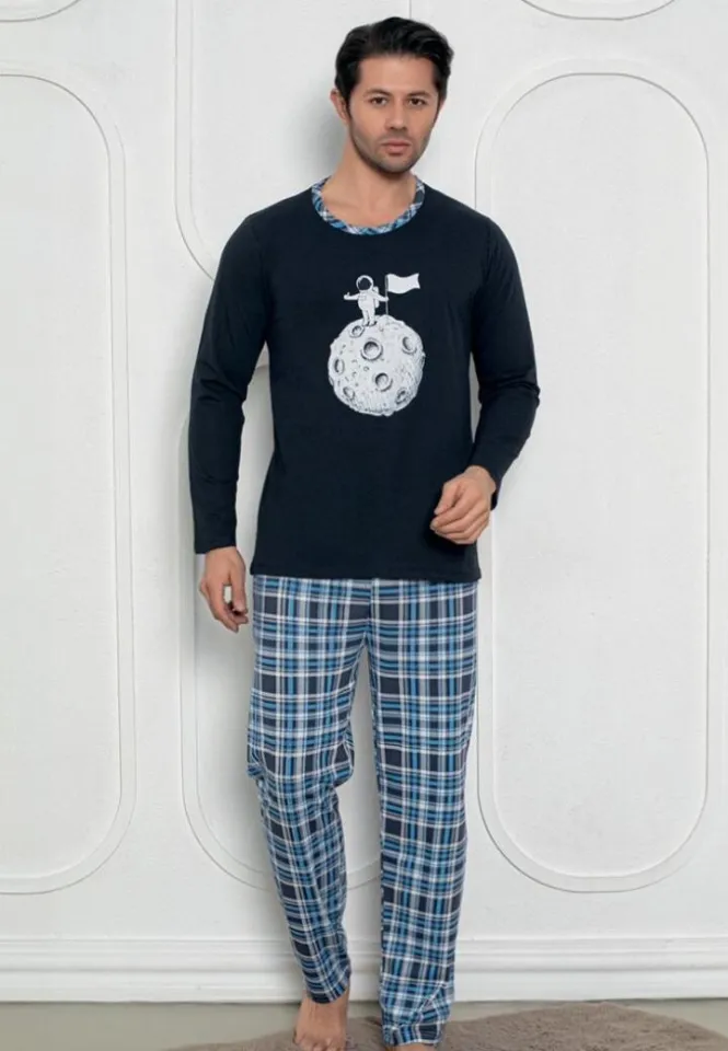 Pijama bărbați – Bleumarin, mâneci lungi și pantaloni lungi, print Astronaut