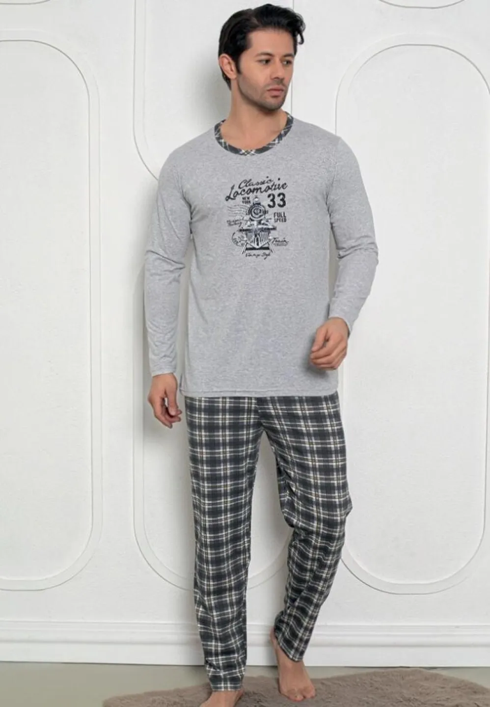 Pijama bărbați gri – pantaloni lungi și mâneci lungi, design Locomotive - 1
