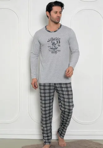 Pijama bărbați gri – pantaloni lungi și mâneci lungi, design Locomotive