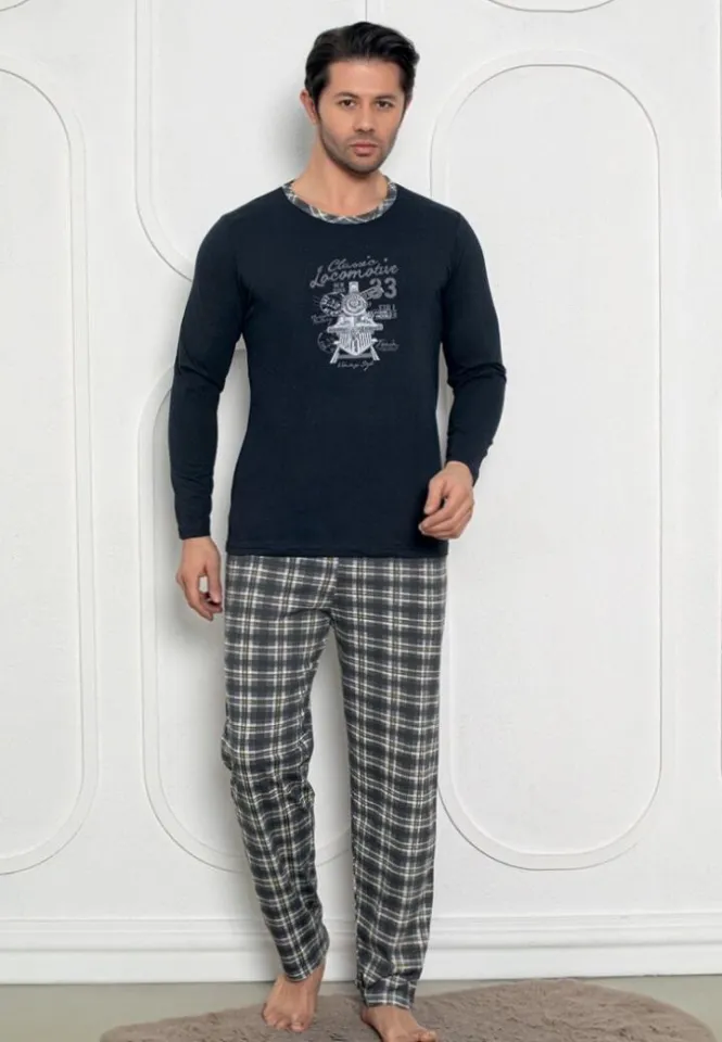 Pijama bărbați Bleumarin – pantaloni lungi și mâneci lungi, design Locomotive